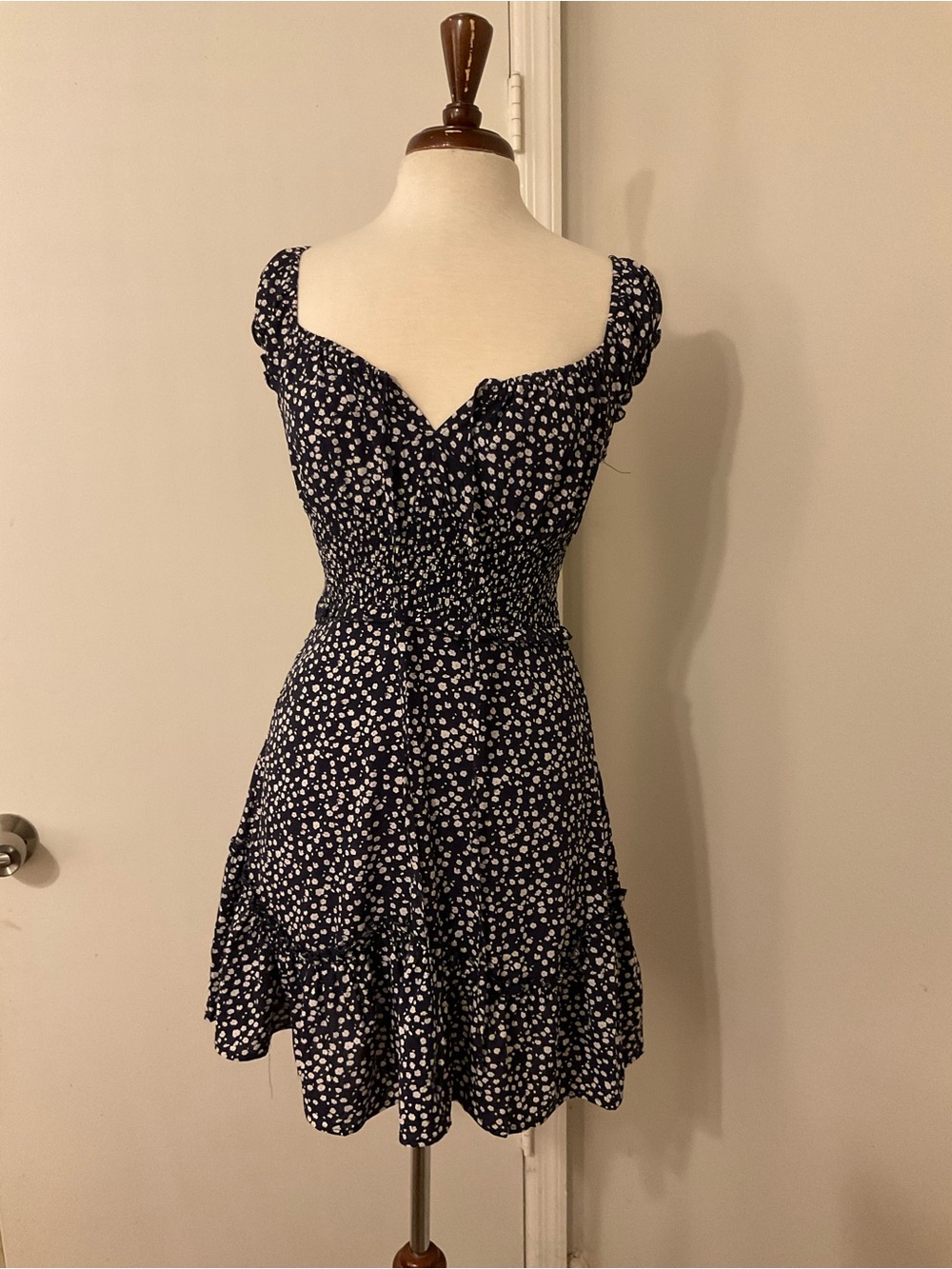 Navy Floral Smocked Waist Ruffle Hem Dress